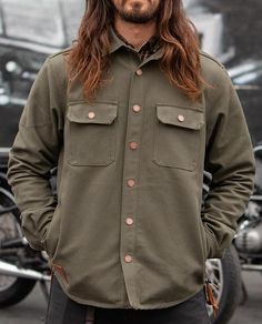 California Riding Shirt 2.0 - Moss Canvas – Tobacco Motorwear Rugged Cotton Top For Winter, Rugged Cotton Tops For Winter, Winter Outdoor Khaki Shirt, Khaki Winter Outdoor Shirt, Rugged Cotton Shirt, Rugged Outdoor Shirt With Relaxed Fit, Rugged Outdoor Relaxed Fit Top, Rugged Relaxed Fit Shirt For Outdoor, Rugged Relaxed Fit Outdoor Top