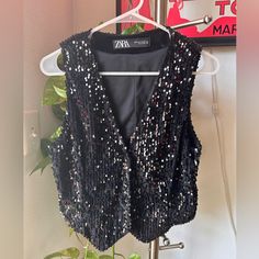 Zara, Black Sequined Vest, Size Medium. Never Worn, Like New Sequin Vest, Zara Jackets, Feminine Outfit, Pajama Shirt, Fit N Flare Dress, Zara Black, Fit & Flare, Trending Accessories, Jean Coat