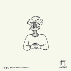 a drawing of a person with food on their head and hands in front of them