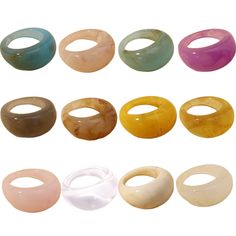 six different colored rings are shown on a white background