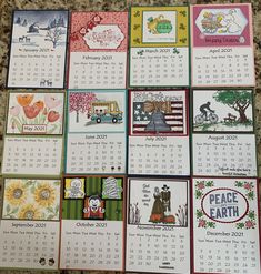 the calendars have been placed on top of each other in different colors and designs