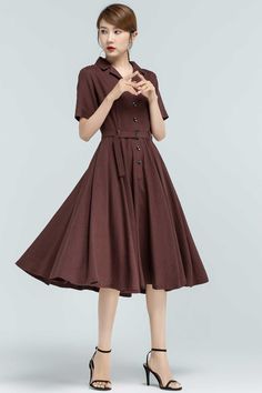 "This swing dress is a 50s inspired shirt dress , featuring classic open neck, notched collar, and center front button closure, finished with a swing skirt, and handy side seam pockets. DETAIL * Made of linen- cotton fabric * 50% linen ,50% cotton * Two seam pocket * Button front closure * Short sleeve * Notched collar * Below knee * Tie belt * More color and More size https://www.etsy.com/listing/796635759/ SIZE GUIDE Size vary between Brand and Country Please get your body measurement with our Classic A-line Vintage Dress With Button Closure, Button Closure Dress For Picnic, Chic Short Sleeve Vintage Fashion Dress, Vintage Chic Short Sleeve Dress, Chic Vintage Fashion Dress With Short Sleeves, Chic Short Sleeve Vintage Dress, Chic Vintage Short Sleeve Dresses, 1950s Style A-line Vintage Dress, Casual Short Sleeve Dresses For Vintage Fashion