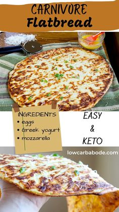 a person holding up a pizza on top of a wooden cutting board next to other food items