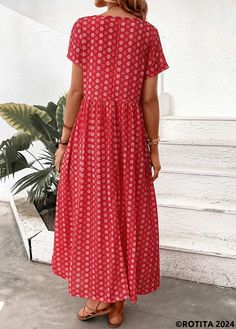 ROTITA Pocket Geometric Print Red Maxi A Line Dress | Rotita.com - USD $29.98 Red Pocket, Red Maxi, Young Fashion, Line Dress, Printed Maxi, Free Shopping, Geometric Print, Wardrobe Essentials, Dresses For Sale