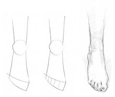 three different views of the feet and ankles, with one being drawn in pencil on paper