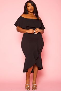 Black Ruffled Off Shoulder High Low Plus Size Dress Solid Ruffled Midi Dress For Night Out, Solid Color Ruffled Midi Dress For Night Out, Solid Midi Dress With Ruffles For Night Out, Solid Color Midi Dress With Ruffle Hem For Party, Flirty Black Midi Dress With Ruffles, Black Off-shoulder Midi Dress With Ruffles, Black Off-shoulder Dress With Ruffle Hem, Off Shoulder Design, Crop Top Sweatshirt