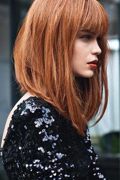 long inverted bob with bangs - Google Search Long Bob Haircuts Bangs, Very Long Bob With Bangs, Long A Line Bob With Bangs, Long Angled Bob Hairstyles, Long Angled Bob, Long Bob With Bangs, Inverted Long Bob, Red Bob, Inverted Bob Hairstyles