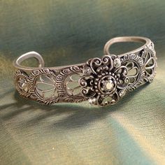 "Created from original vintage tools and dies, this bracelet has the appearance of the finest Spanish lace. A stunning bracelet for brides, bridesmaids, wedding party and Mother of the Bride. Fabricated by hand and torch, one delicate panel at a time is secured around the open cuff. Size: 7\" Made in our Los Angeles, CA studio. Contact us for bulk pricing and wholesale information." Silver Bracelet Cuff, Spanish Lace, Filigree Bracelet, Art Deco Bracelet, Bracelet Wedding, 1920s Art, Sweet Romance, 1920s Art Deco, Vintage Tools