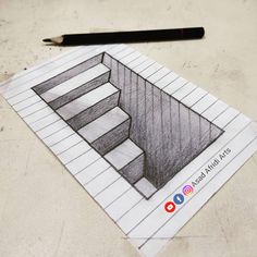 a pencil drawing of stairs on top of a piece of paper next to a marker