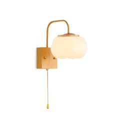 a wooden wall light with a white glass shade on the top and gold chain attached to it