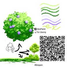 a tree with purple flowers and green leaves next to a qr code that says bibi - paint for dapong