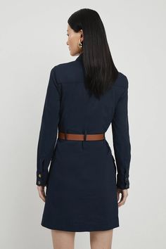 Tailored Compact Cotton Utility Belted Mini Dress | Karen Millen Fitted Cotton Shirt Dress For Business Casual, Fitted Long Sleeve Shirt Dress For Work, Long Sleeve Cotton Mini Dress For Work, Fitted Long Sleeve Shirt Dress For Business, Fitted Casual Shirt Dress For Work, Slim Fit Dress For Fall Workwear, Slim Fit Fall Workwear Dresses, Long Sleeve Shirt Dress For Business, Casual Mini Dress With Pockets For Office