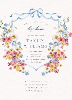 a wedding card with flowers and ribbons on the front, in pastel blue tones