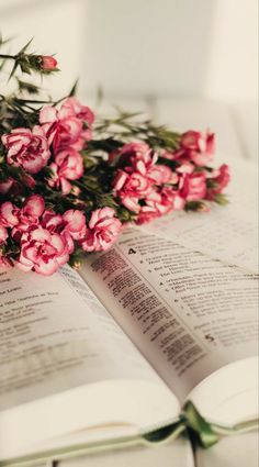 pink flowers on top of an open book