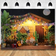 an image of a house with cactus and cacti on the front yard at night