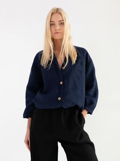 "ROSEMARY is an oversized linen shirt. DETAILS - Loose fit - Long sleeves - Breast pockets - Small coconut buttons closure, also available with large coconut buttons - 100% lightweight European linen fabric - Cut and sewn to order just for you in our studio COLOR - Navy Blue, you can also choose other colors above - Fabric samples are available here https://www.etsy.com/listing/586569696/linen-fabric-samples SIZING & FIT - Relaxed, loose fit - Model is wearing a size S - Model is 5'8\" / 173 Navy Blue Shirt Outfit Women, Navy Blue Shirt Outfit, Oversized Linen Shirt, Navy Blue Linen, Button Outfit, Linen Crops, Linen Jackets, Linen Jacket, Linen Blouse