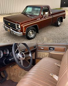 the interior and dashboard of an old pickup truck, before and after it was restored