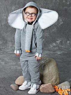 a little boy wearing an elephant costume standing next to a rock and smiling at the camera