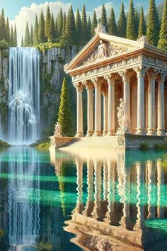 a painting of an ancient greek temple by the water's edge with a waterfall in the background