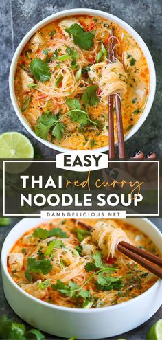 THAI RED CURRY NOODLE SOUP Thai Red Curry Noodle Soup, Thai Takeout, Curry Noodle Soup, Red Curry Noodle Soup, Soup Spicy, Mapo Tofu, Spicy Soup, Bread Easy, Vegetarian Curry