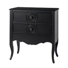 a black nightstand with two drawers on one side and an oval design on the other