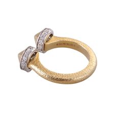 18k gold hammered Bastille ring by David Webb, with approx. 0.56ctw Si/H diamonds. . Retail $5600. DESIGNER: David Webb MATERIAL: 18k Gold  GEMSTONES: Diamond DIMENSIONS: Ring size 5.75, each end is 9mm in diameter. MARKED/TESTED: F323, David Webb 18k. WEIGHT: 10.1 grams CONDITION: Previously Owned/Excellent Condition Designer Yellow Gold Rings With Pave Setting, Designer Gold Ring With Single Cut Diamonds, Designer Rings With Single Cut Diamonds, Designer Diamond Ring With Pave Setting, David Webb, Bastille, 18k Gold, Ring Size, Diamonds