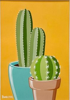 a painting of two green cactuses in a blue and pink pot on a yellow background