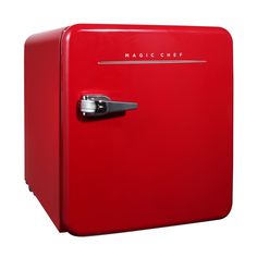 a red refrigerator with the door open and magnets on it's handle is shown