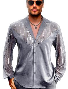 Fitted Disco Shirt For Party, Fitted Disco Style Party Shirt, Fitted Disco Party Shirt, Sheer Collared Party Tops, Sheer Collared Tops For Party, Sequin Party Shirt For Spring, Spring Party Shirt With Sequins, Fitted Disco Shirt For Summer, Silver Outfits Men