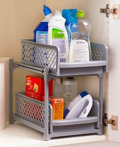 two shelves holding cleaning products and toiletries