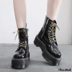 Olivia Mark - Chunky Platform Ankle Boots with Side Zipper and Lace-up Design Rough Heels, Genuine Leather Shoes, Platform Ankle Boots, Chunky Platform, Doc Martens, Side Zipper, Leather Shoes, Heel Height, Ankle Boots