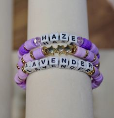 Haze of Lavender friendship bracelet stack 🔮💜 🖤 Sizing: please select your size of choice in the dropdown. Size guide is shown to assist in size selection  Product Care:  - Please avoid contact with water and perfume as it may affect bead coloring - Avoid over-stretching as it may cause breakage since product is made with stretchy cord and hand-tied  - BabyBratBeadz is not responsible for broken bracelets after they are in your care - Bracelets are made to last but can break if they are not handled with care            -Please contact me if you have any questions or any bead color preferences    DISCLAIMER: * All items listed are not intended for small children * Beads are a choking hazard for children Adjustable Lavender Beaded Bracelets With Letter Beads, Adjustable Lavender Jewelry For Everyday, Adjustable Purple Stretch Bracelet For Friendship, Trendy Purple Friendship Bracelets As Gift, Trendy Purple Stretch Bracelet With Letter Beads, Trendy Purple Friendship Bracelets, Handmade Trendy Lavender Jewelry, Trendy Handmade Lavender Jewelry, Trendy Personalized Purple Friendship Bracelets