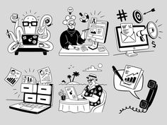 black and white illustrations of people working on laptops, phones, and other electronic devices