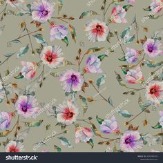 watercolor floral pattern with pink flowers and green leaves on grey background for wallpaper