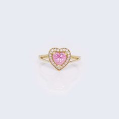 14K Gold Princess Pink Heart Cubic Zirconia Stones Ring Gold Face, Pink Accessories, Yellow Stone, Unique Jewelry Designs, White Gold Band, Intricate Design, Fit Inspo, Gold Band, Cz Stone