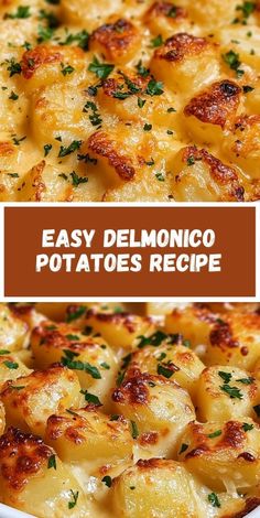 an easy potato casserole recipe with cheese and parmesan on top in a white dish