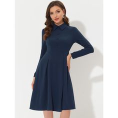 Sophisticated and elegant, this knee-length dress is a brilliant way to create a chic look. Featuring button decoration at the front, this aline piece is completed with a detachable belt. Thick knit fabric shapes fit and flare silhouette, accentuating your graceful figure. Enhance your working wardrobe with the Allegra K Solid Long Sleeve Dress. A fitted waist, with belt loops, a hidden back zipper, and an adjustable belt. Working Wardrobe, Dress Dark Blue, Button Decor, Button Decorations, Adjustable Belt, Fit And Flare Dress, Knee Length Dress, Flare Dress, Fit And Flare