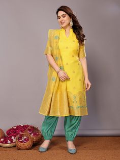 Yellow Chanderi Cotton Pant Suit with Wevon Designer Processing Time : 7 Business Days Work : Wevon Designer Fabric:Top : Chanderi Cotton Bottom : Crepe Silk Dupatta : Chanderi Color:Top : Yellow Bottom : Turquoise Blue Dupatta : Yellow Salwar Kameez Mens, Patiyala Dress, Blue Dupatta, Dress Saree, Lehenga Suit, Churidar Suits, Short Kurti, Designer Kurti, Smart Dress