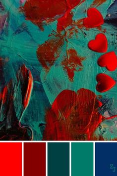 an abstract painting with red, blue and green colors in the center is a heart - shaped