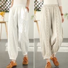 Details: Gender: Women Item Type: Pants Material: Linen Season: Spring, Autumn Pattern: Patchwork Style: Casual, Loose, Retro Waist Type: Elastic Waist Size: One Size Waist: 58.00 - 96.00 cm/ 22.83 - 37.80 " Length: 91.00 cm/ 35.83 " Hip: 112.00 cm/ 44.09 " Elegant Lace Patchwork Summer Bottoms, Casual Lace Patchwork Bottoms For Summer, Casual Summer Bottoms With Lace Patchwork, Khaki Cotton Patchwork Bottoms, Khaki Full-length Cotton Harem Pants, Autumn Pattern, Linen Pants, Waist Size, White Linen