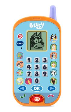 an orange and blue toy cell phone with cartoon characters on the screen, which reads buy