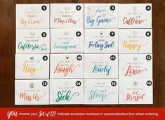 twelve handwritten valentine's day cards with the names of each card