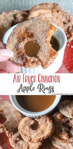 an apple ring is being dipped with cinnamon