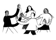 black and white drawing of people holding hands up in the air with one person reaching for another