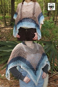 A crochet poncho is the colors of a beach and ocean wave, Made with 100% acrylic yarn in a mesh stitch, it's a perfect accessory for a summer cover-up, or a sea witch fantasy costume for Ren Faire! It's 11 inches from the neckline at the shortest point, and 22 inches from the neck at the longest point. Pattern by: Crazy Cool Crochet Bohemian Hand Knitted Poncho For Beach, Hand Knitted Bohemian Poncho For Beach, One Size Hippie Crochet Poncho, Bohemian Open Knit Cover-up, One Size Crochet Yarn Poncho, One Size Bohemian Open Knit Poncho, Bohemian Open Knit Poncho One Size, One-size Crochet Yarn Poncho, Bohemian Summer Open Knit Poncho