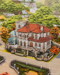 an artistic painting of a large house in the middle of a park