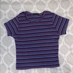 Very Cute! Looks Good On Never Worn Flexible On Price Blue Vertical Stripes Short Sleeve Top, Blue Casual Tops With Vertical Stripes, Blue Short Sleeve Top With Horizontal Stripes, Blue Crew Neck Top With Vertical Stripes, Fitted Blue Tops With Vertical Stripes, Blue Fitted Tops With Vertical Stripes, Blue Fitted Top With Vertical Stripes, Fitted Blue Top With Vertical Stripes, Casual Blue Horizontal Stripe Tops