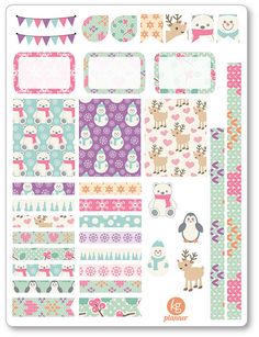 the planner sticker sheet is decorated with different patterns and shapes, including snowmen