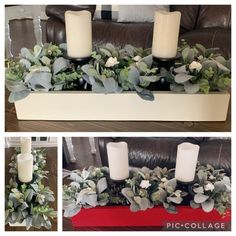 the centerpiece is decorated with candles and greenery for an elegant touch to any room