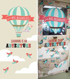 there is a door decorated with birds and hot air balloons in the sky as well as an advertisement for adventure